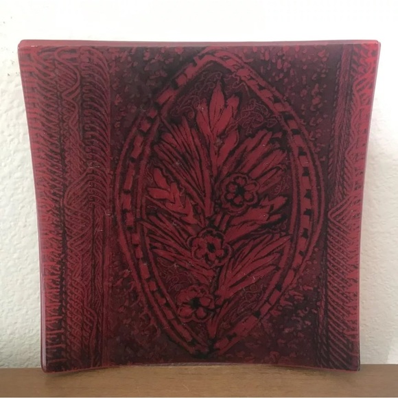 Art Glass Square Dish 9" Artist Signed Red Black Floral Portland Oregon 2004 - Picture 1 of 7